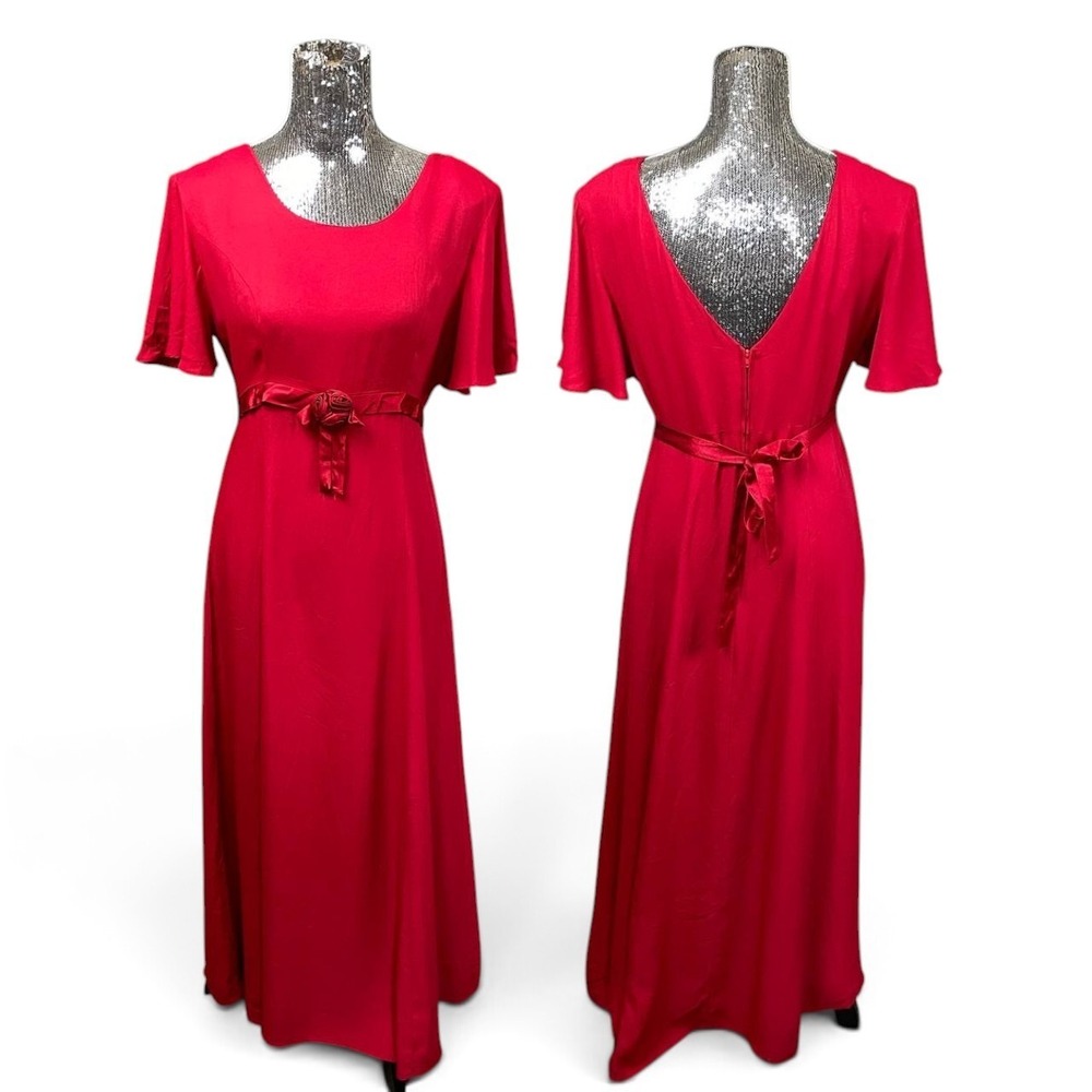 Vintage Nina Piccalino Red Maxi Dress Size 13 Flutter Sleeve Rosette Tie Back